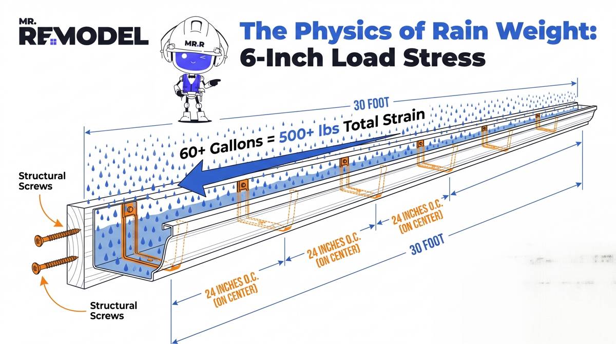 A structural weight load infographic detailing the hidden deadweight stress of fully loaded 6-inch gutters on home fascia boards.